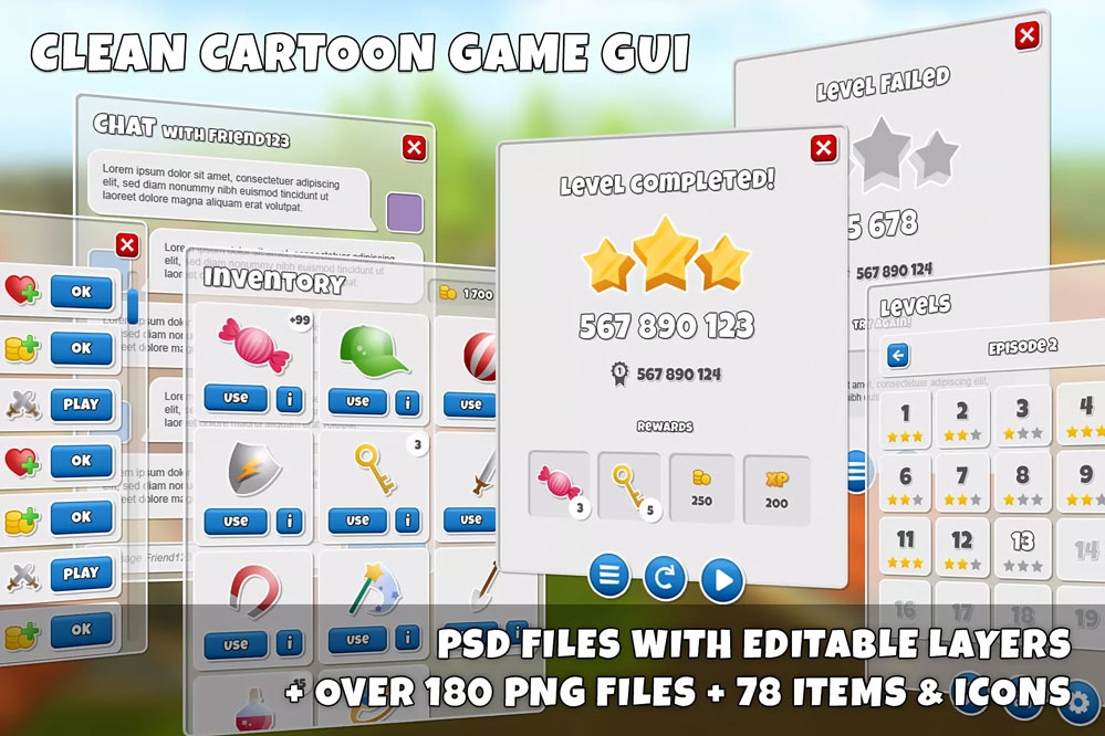 Clean, cartoon 4k game GUI - over 180 PNG files! 1.21
